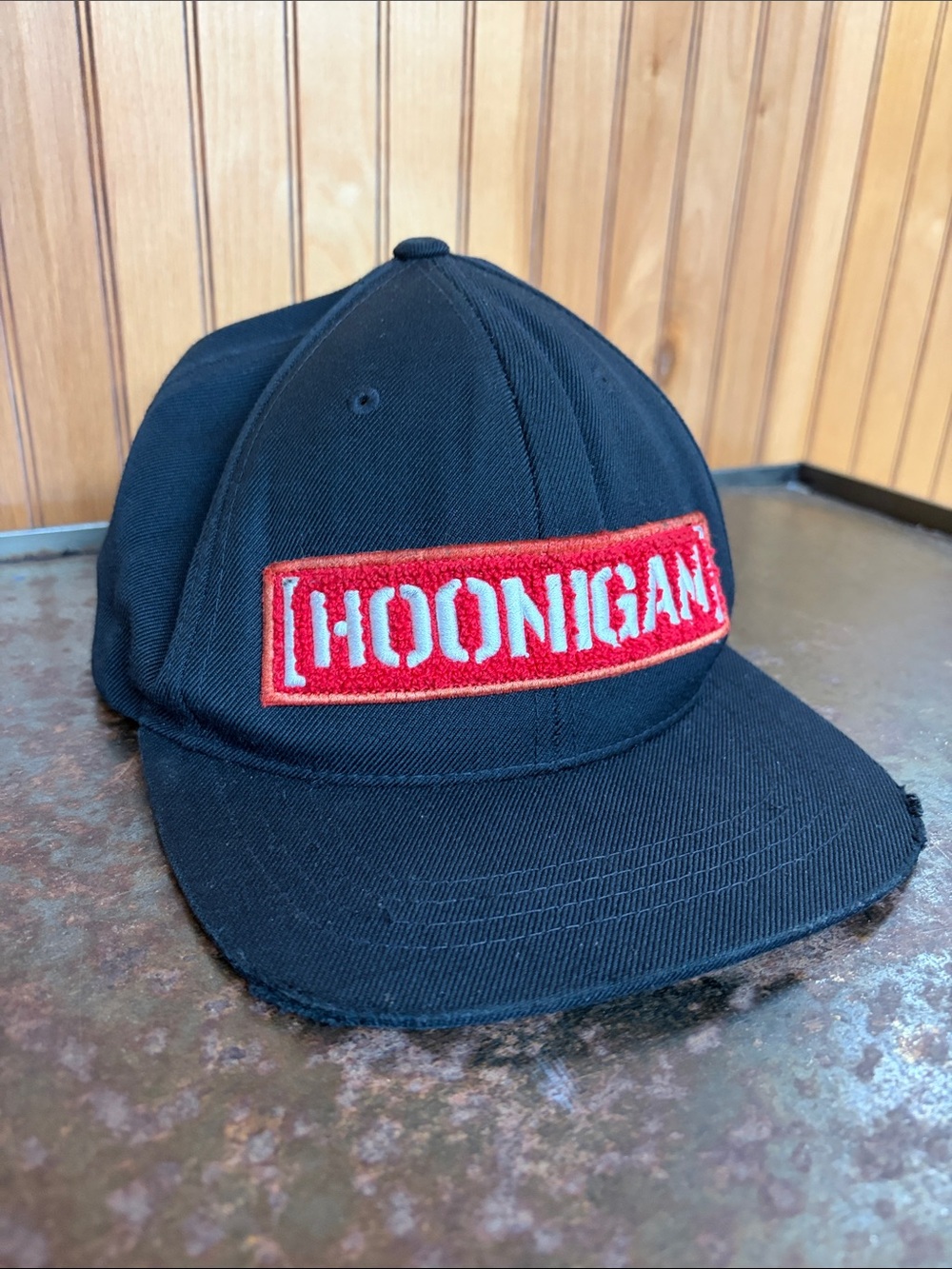 Hoonigan Black Censor Bar SnapBack Hat with Flat Distressed Bill. Red Logo Patch